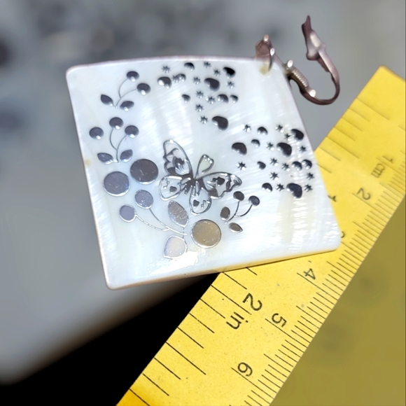 Pearly White & Silver Butterfly Square Fish Hook Dangle Earrings - Picture 3 of 3